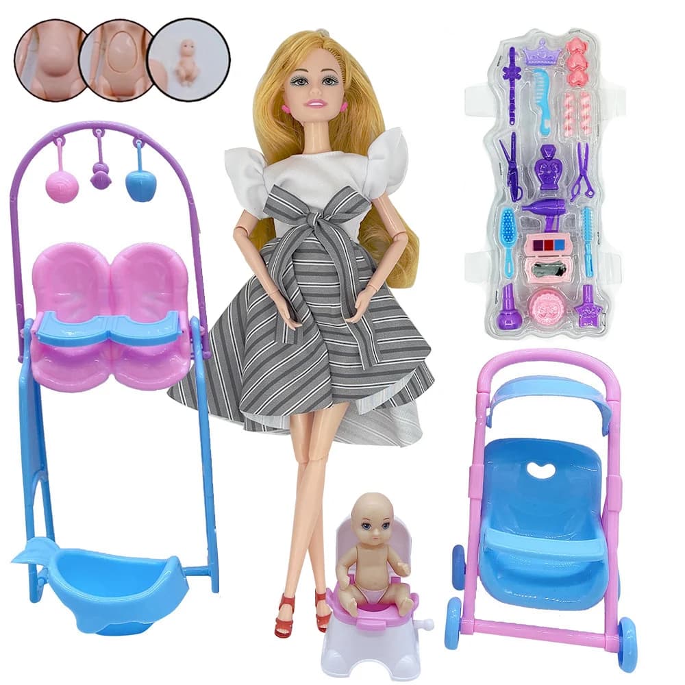 Pregnant Mom Big Belly Doll Educational Set Youngsters's Stroller Seat Toilet Doll and Accessories Set Birthday Christmas Gift