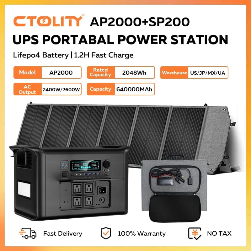 CTOLITY AP2000 2400W Portable Solar Generator 2048Wh Lifepo4 Battery Power Station 200W Solar Panel USB TYPE-C emergency Supply