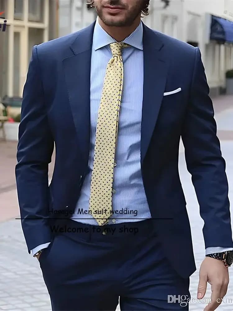 Navy Elegant Men's Suit Business Formal Work Wear Slim Fit Pants Jacket 2 Piece Set Groom Wedding Tuxedo