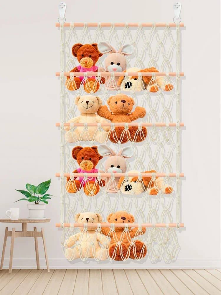 Stuffed Toy Storage Hammock 4-Layer Large Capacity Stuffed Storage Mesh Holder Hand-Woven Cotton Rope Hanging Organizer Washable