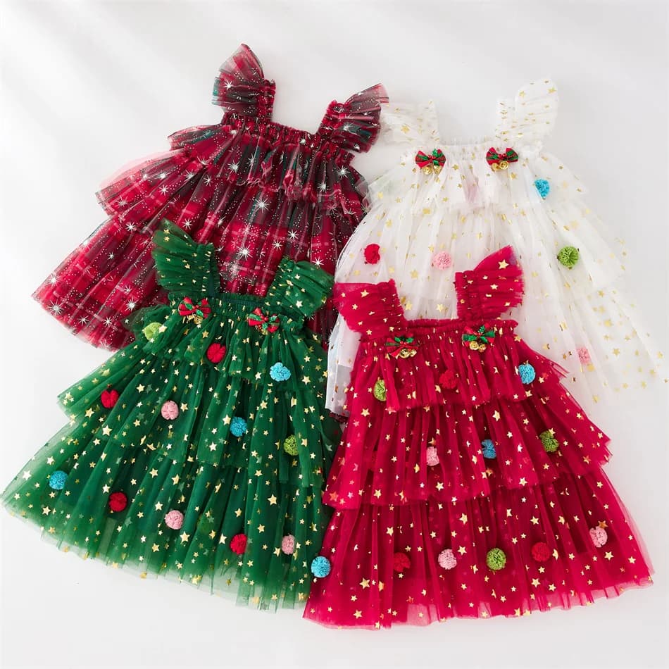 Toddler Fluffy Glitter Princess Dress Christmas Party Mesh Gown Baby Girls Birthday Festival Layered Frocks Infant Fairy Costume