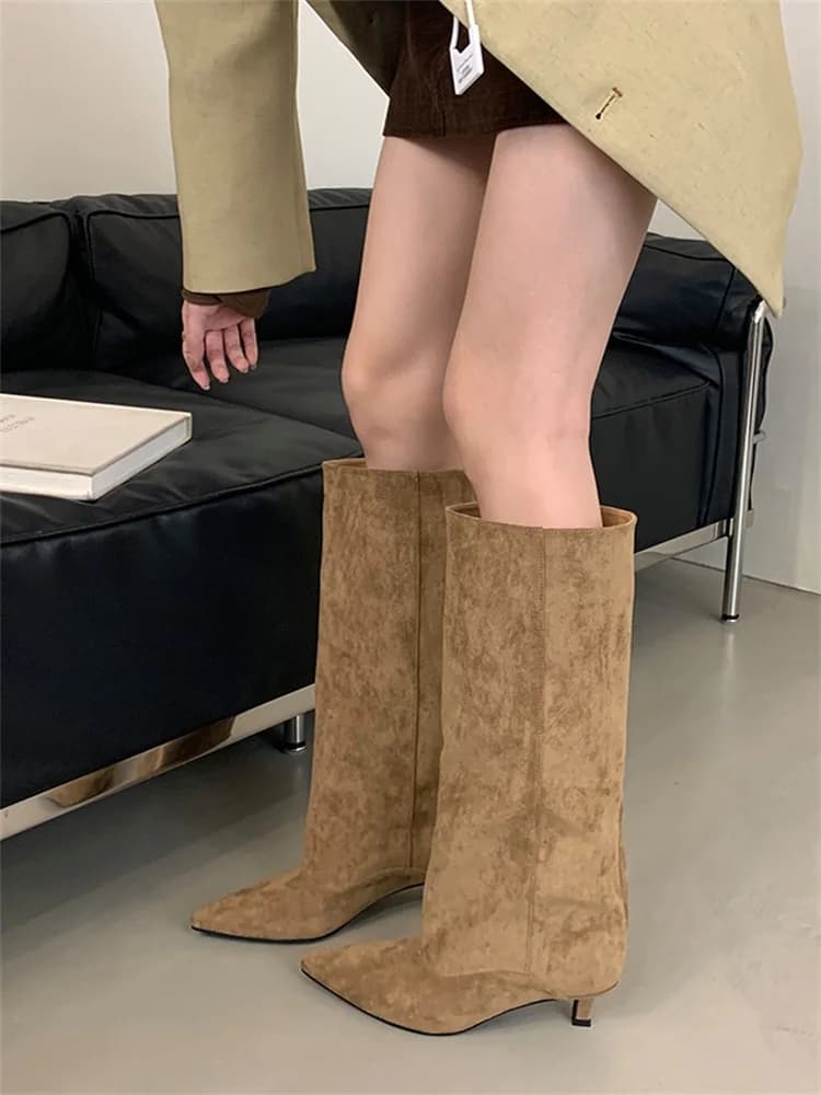Aneikeh Winter Street Style Pointed Toe Knee-High Boots Women Low Heels Shoes Female Long Booties Zapatos De Mujer