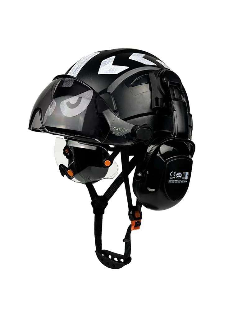 CE Construction Safety Helmet w/ Built In Goggles Earmuffs Reflective Stickers Hard Hat w/ Visor Adjustable Vented ABS Hardhats