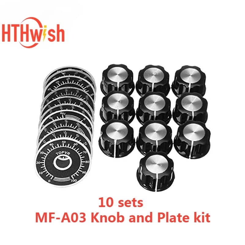 10 Sets Potentiometer Knob Kit 6mm MF-A03 Dial Knob and MF-A03 Bakelite Knob Scale Plate Sheet Digital Potentiometer Set