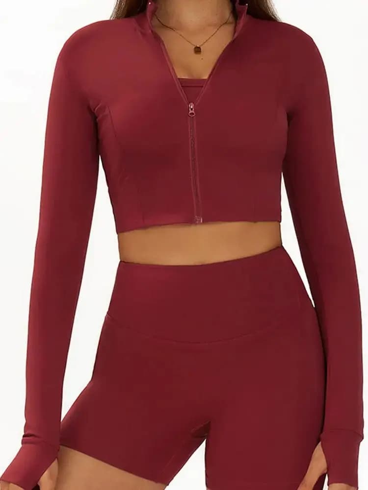 Sports Long Sleeved Women Slim Yoga Clothes Quick Dry Zipper Cardigan Stand Up Collar Jacket Running Fitness Jacket Outdoor Top