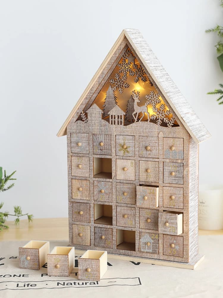 Christmas LED Wooden Advent Calendar with 25 Drawers DIY Light Up 24 Days Countdown Advent Calendar Xmas Holiday Gift Decoration
