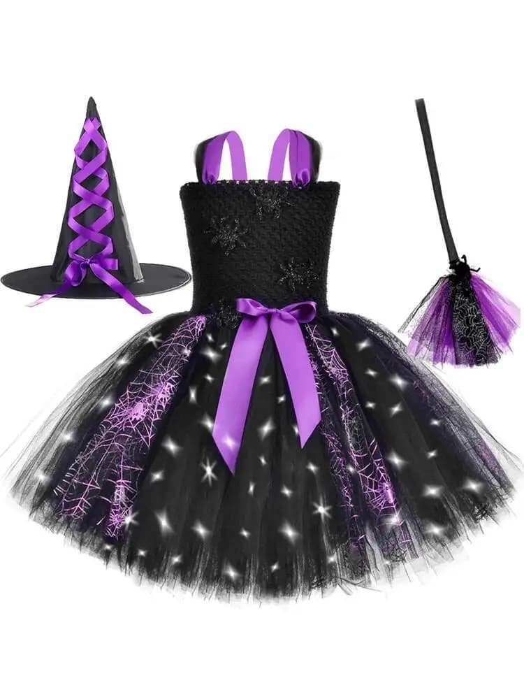 Led Lights Spider Witch Costumes for Girls Carnival Halloween Fancy Dresses with Witches Hat Broom Kids Hallowmas Party Outfits