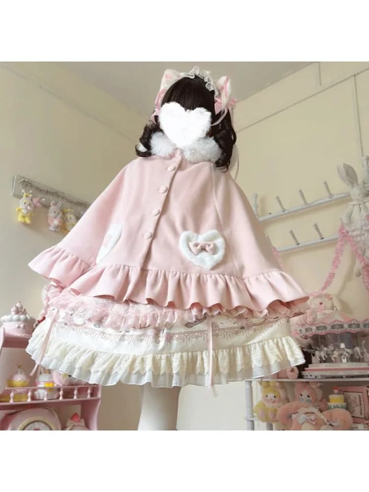 Autumn Winter New Lolita Hooded Cloak Girl's Sweet Kawaii Single-Breasted Short Jacket Women's Warm Fleece Capes Y2k Ponchos