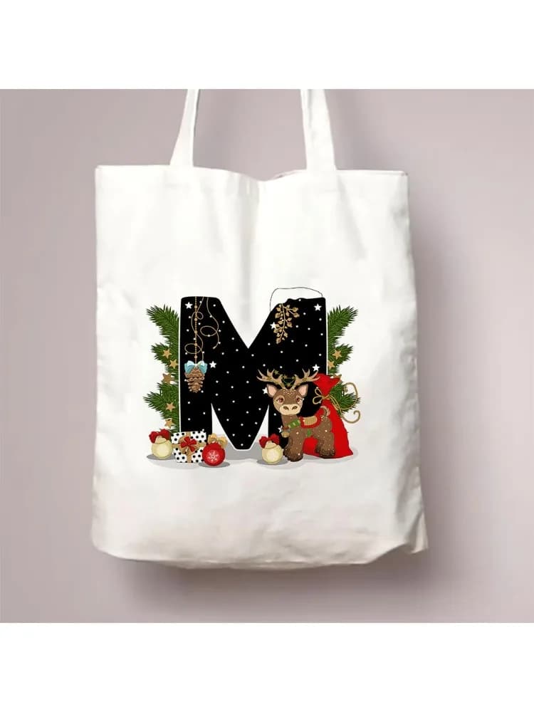 Christmas Alphabet Flower Tote Bags for Women Large Capacity Canvas Casual New Shopping Printed Reusable Handbag Eco Bag Large