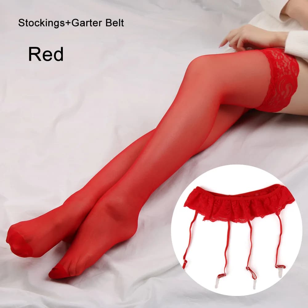 1Set Fashion Women Sexy Lace Soft Top Thigh-Highs Stockings + Suspender Garter Belt Black White Red Pink
