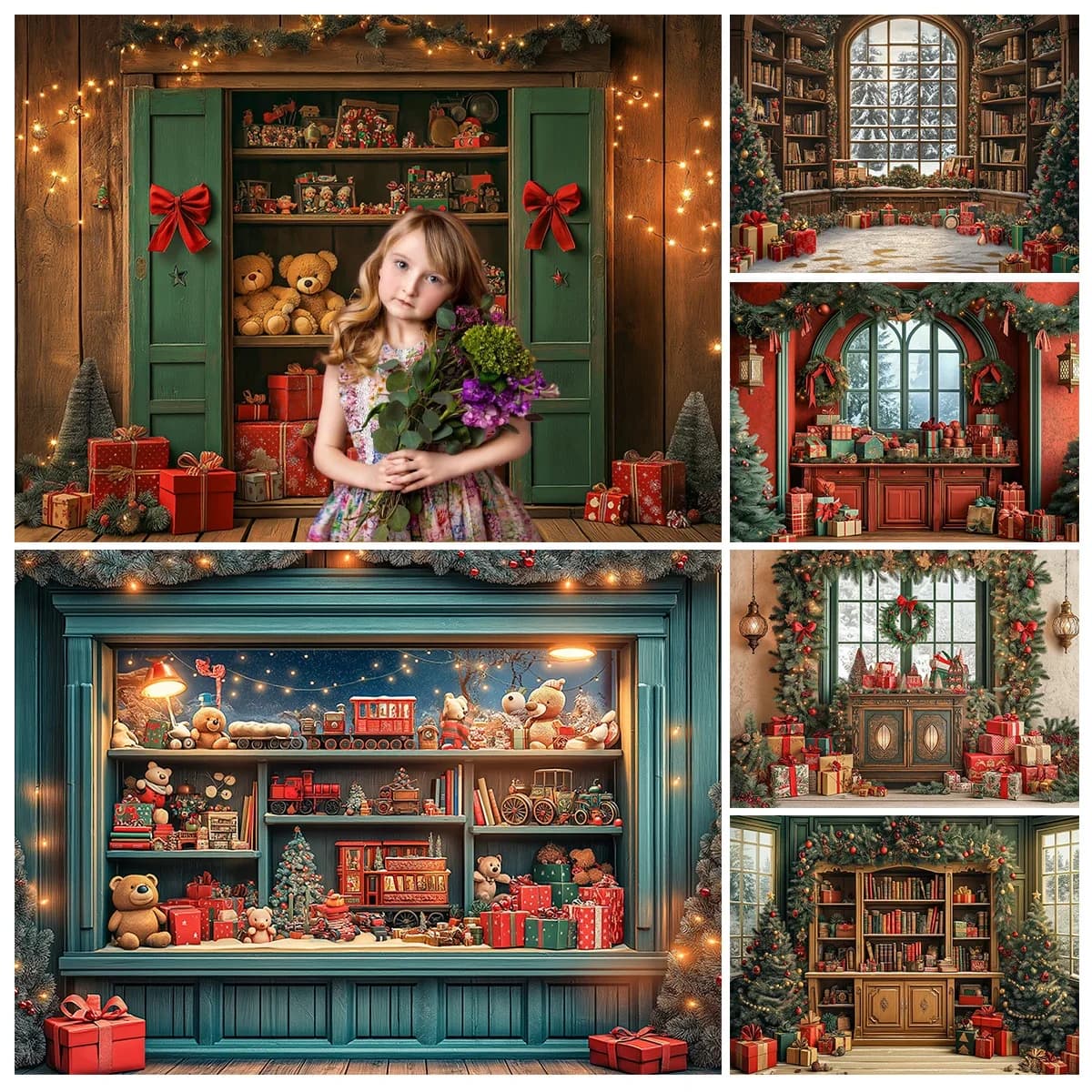 Christmas Backdrop Display With An Ornate Cabine Windows Bookcase Kids Adult Photography Child Baby Photocall Decors Backgrounds