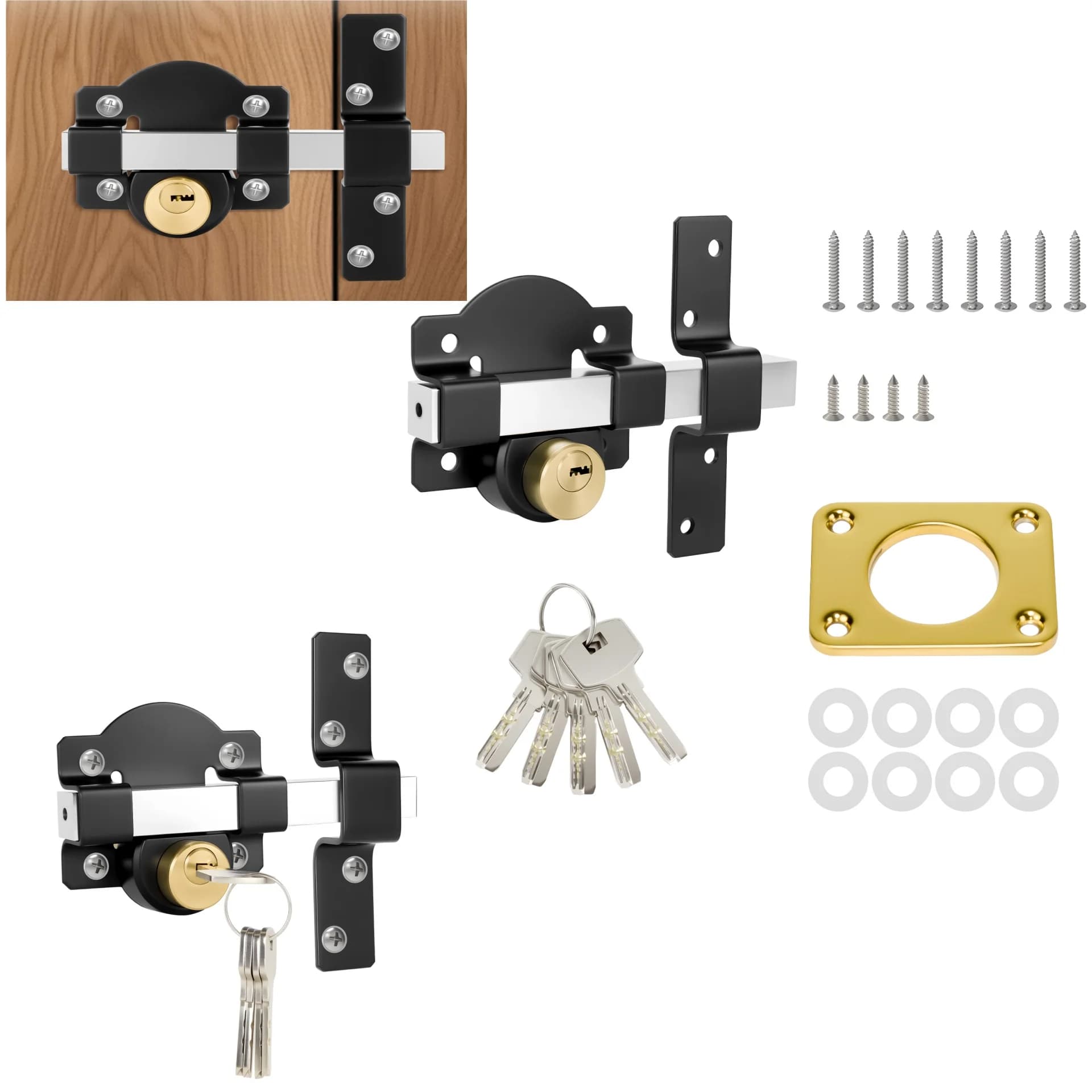 Both Side 50mm Long Throw Gate Lock,Heavy Duty Stainless Steel Gate Lock Door with 5 Keys for Wooden Garden Gates, Sheds Doors