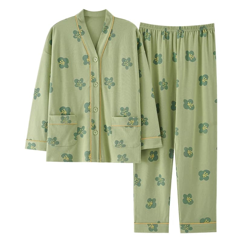 Autumn Women V-Neck Pajamas Sets Fashion Print Cotton Female Pyjamas Two Pieces Shirts + Pants Nighties Big Yards 5XL Sleepwear