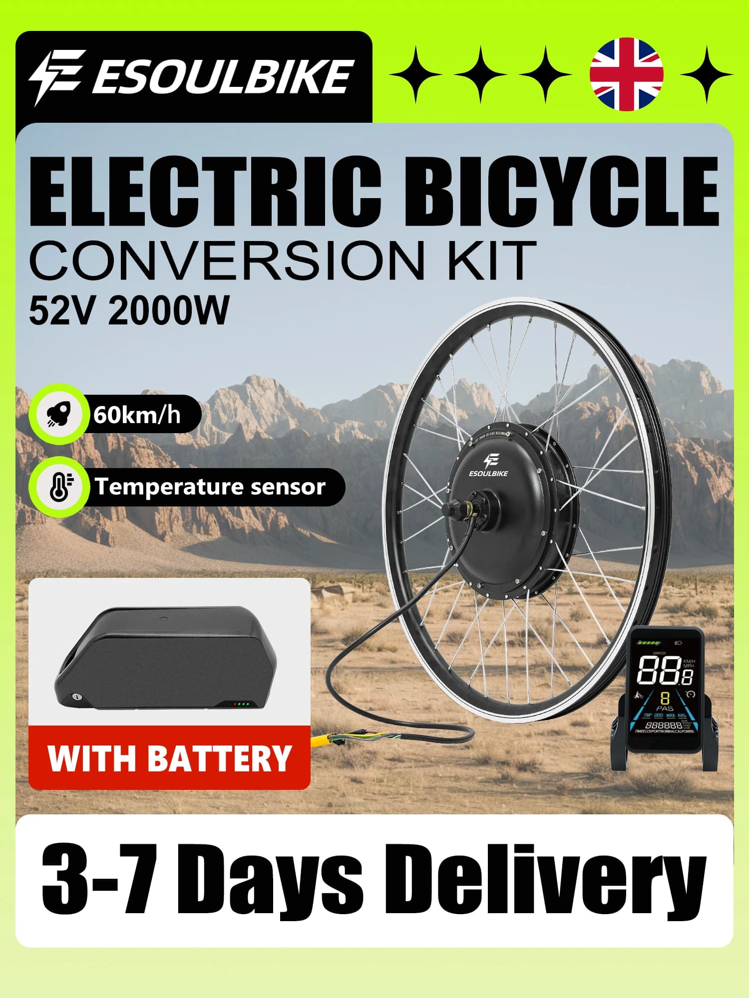 ESOULBIKE 52V 2000W Ebike Kit Wheel Hub Motor Rear Dirve Electric Bike Conversion Kit 26 27.5 28 29 700C with Tube 20Ah Battery