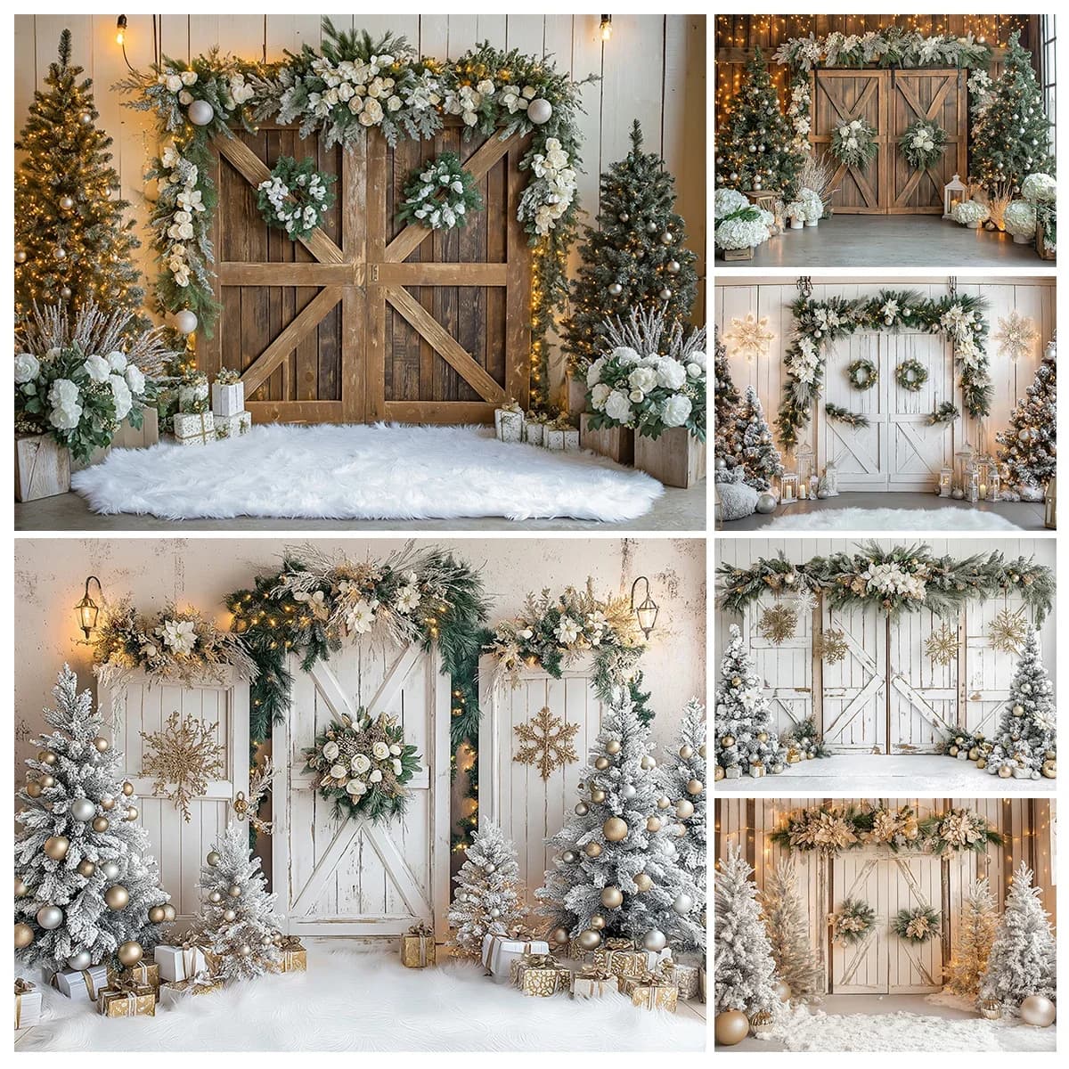 Christmas Winter Wooden Door Background Children Adult Photography Baby Props Christmas Wreath Snow Farm Decoration Background