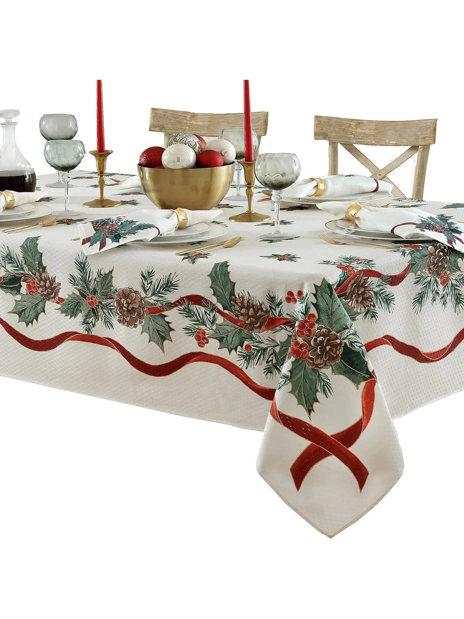 Christmas Holly Pine Needle Waterproof Tablecloth Table Decor Winter Xmas Holiday Kitchen Dining Tablecloth Christmas Decoration