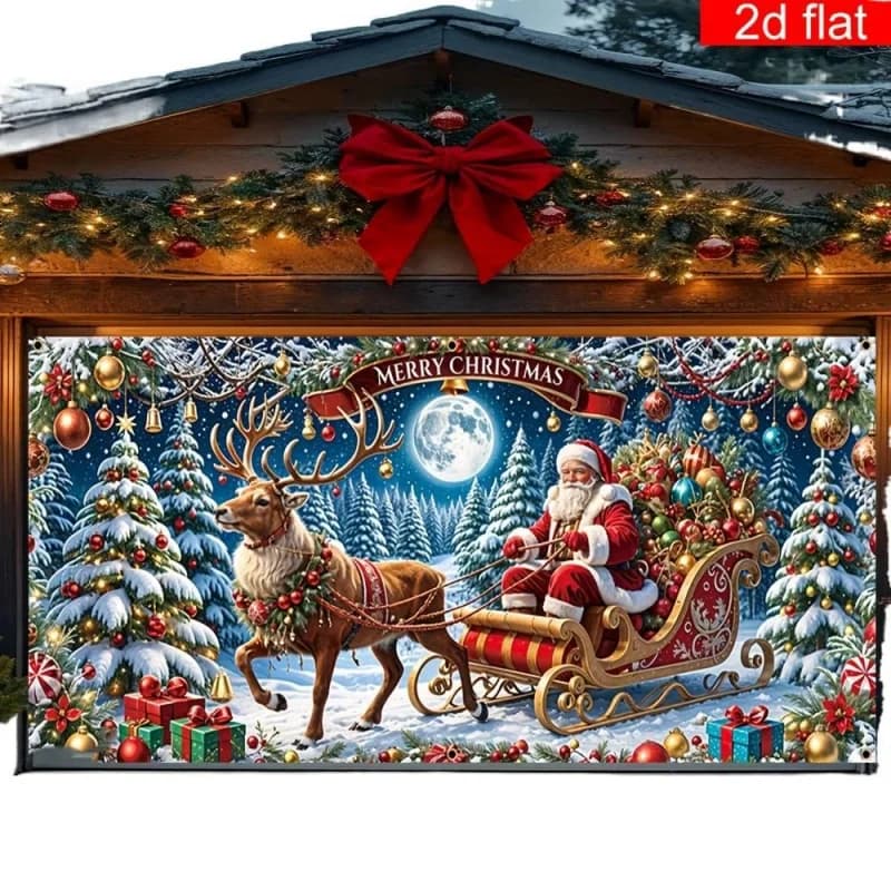 1pc  Christmas Theme Garage Door Large Mural Decoration Banner，Moon Santa Claus Reindeer Stained Glass Ball Pattern Party Banner