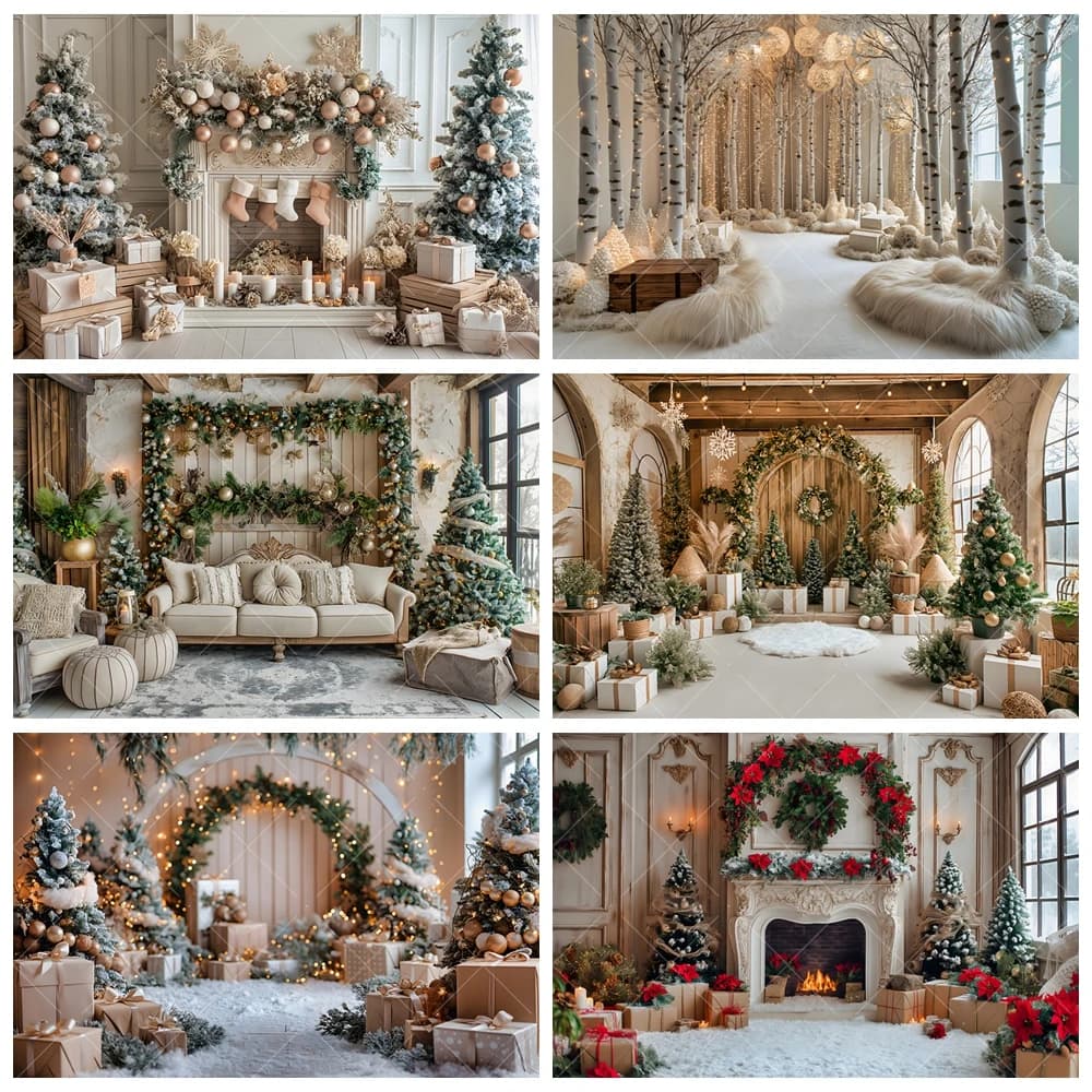 Merry Christmas Tree Gift Winter Snowy Forest Family Kids Carnival Party Backdrop Custom Kids Room Photo Poster Decor Background