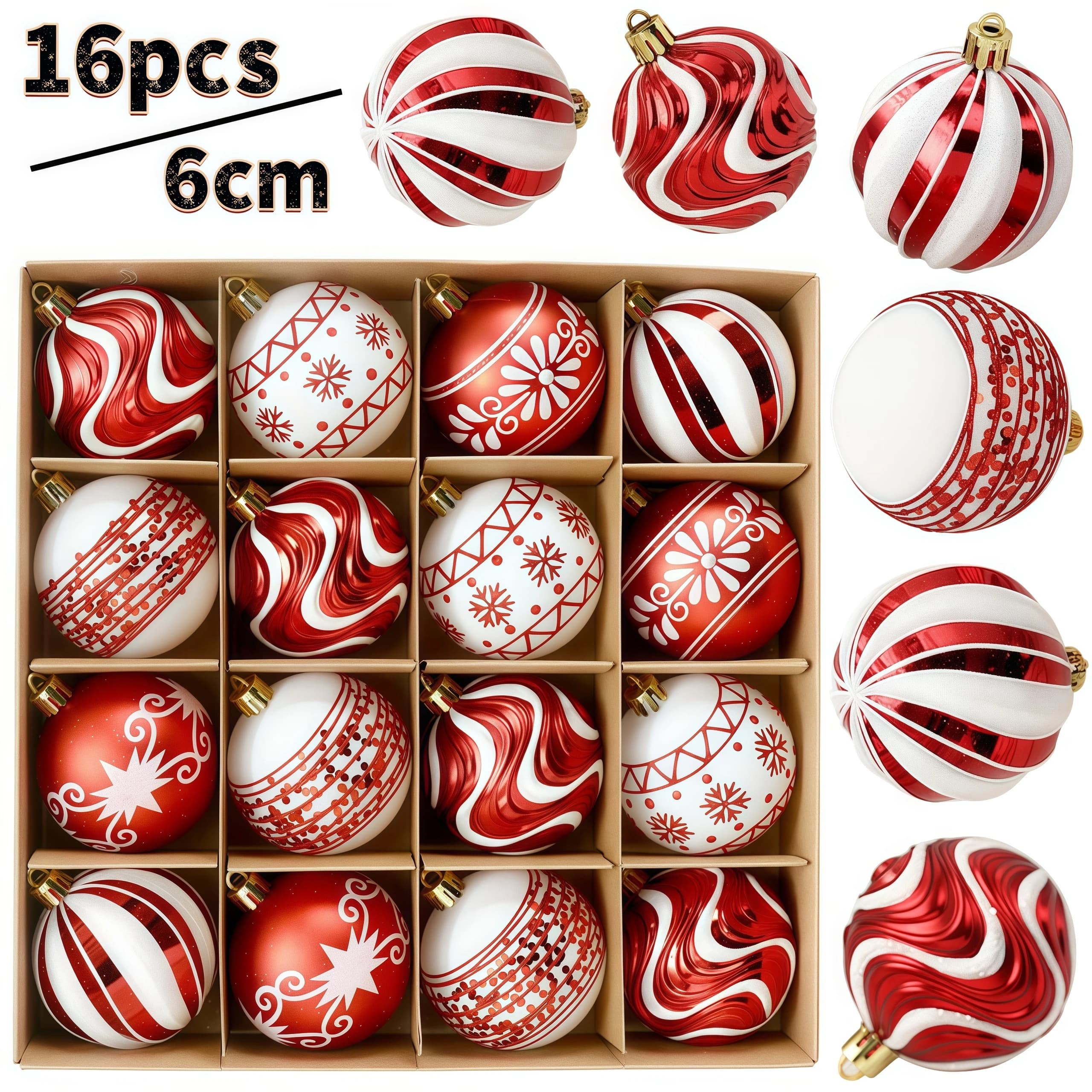 16PCS Christmas Ball Christmas Tree Decoration Ornament Snowflake Stripe Pattern Combination Xmas Ball Accessories Home Decor