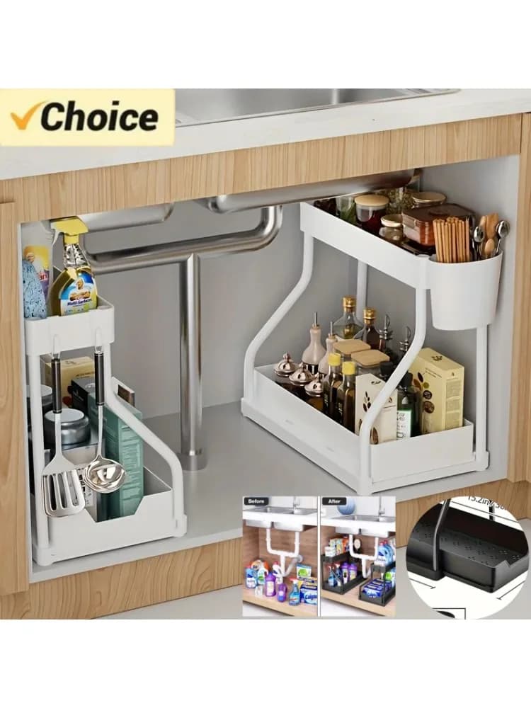 Space Saving 2 Tier Under Sink Organizer,Pull Out Storage Box Durable Large Capacity Kitchen Bathroom Essential Drawer Organizer