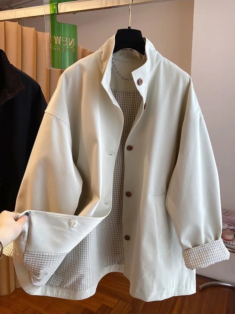SuperAen Korean Stand-up Collar Trench Coat for Women's 2025 New Loose Casual Plaid Long Coat