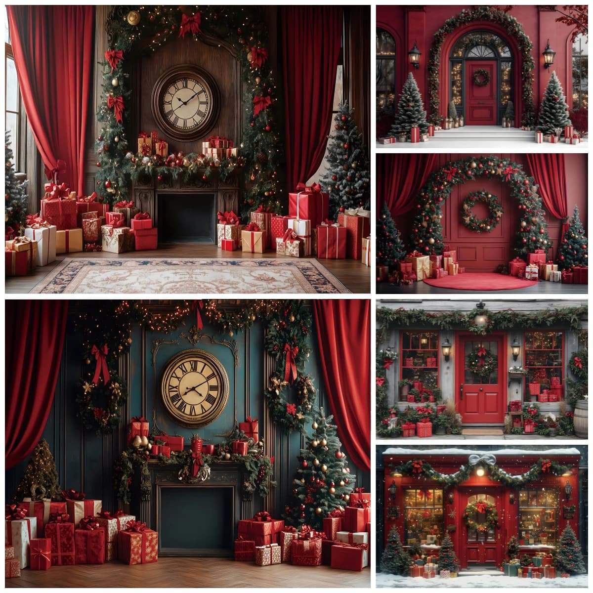 Red Christmas Photography Backdrop European Vintage Interior Fireplace Xmas Tree Holiday Party Decor Background Festive Portrait