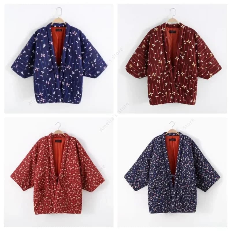 Japanese Winter Hanten Jacket Women Cotton Kimono Cardigan Vintage Yukata Coat Asian Traditional Loungewear Pajamas Outerwear