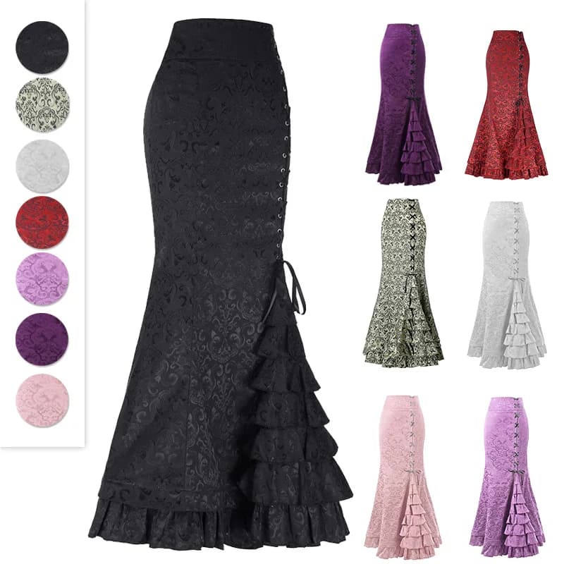 1pcs/lot Women Skirt Vintage Style Retro Mermaid Vintage Long Ruffle Slim Fishtail Lace-up Long Print