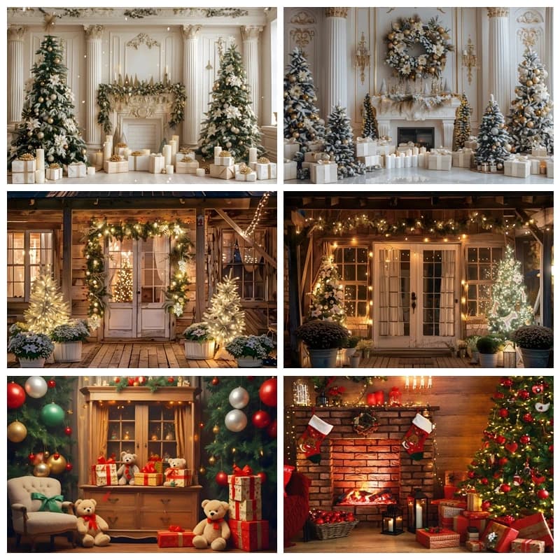 Christmas Fireplace Backdrops for Photoshoot Wooden Wall Xmas Tree Stockings Gift Box Photography Background Photo Booth Props