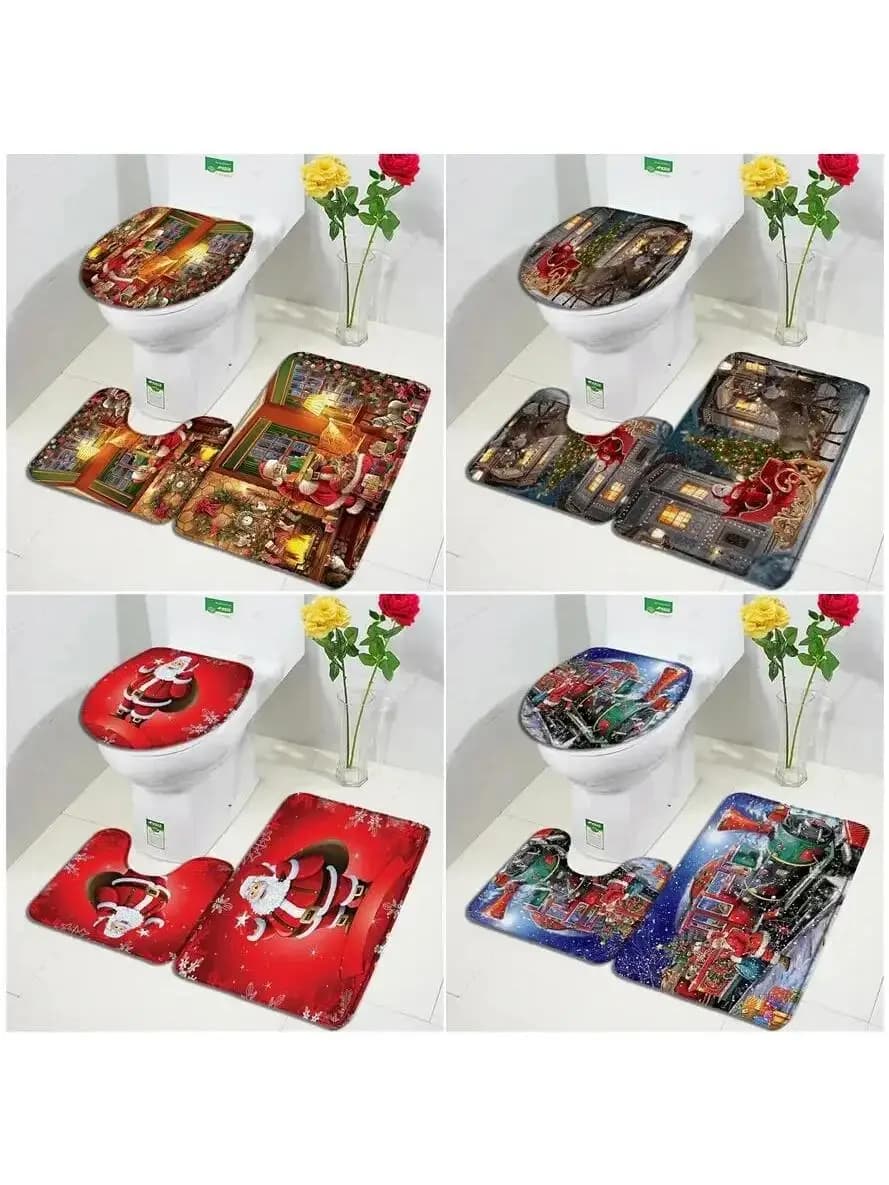 Christmas Bath Mat Set Funny Santa Clause Xmas Tree Vintage Train New Year Bathroom Decor Carpet Non-Slip Rugs Toilet Lid Cover