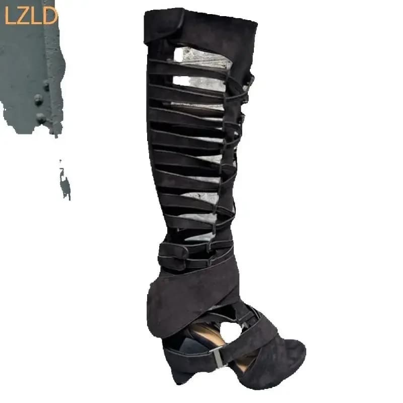 White Hollow Roman Belt Buckle Women's Boots 2025 New Sexy Model Catwalk Knee-High Thick Heels Fashion Party Casual Long Boots