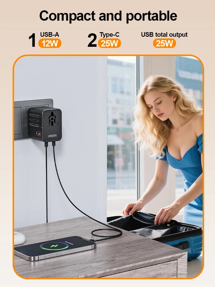 65W/45W/25W GaN Universal Travel Adapter with 2 USB 2 Type C Fast Charging All-in-one Travel Charger EU/UK/USA/AUS for Travel