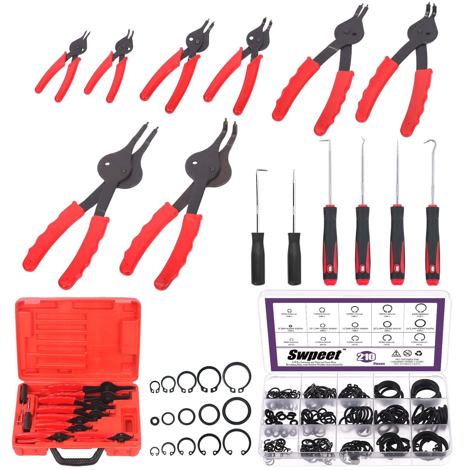 225 Piece Snap Ring Plier Set - Chrome Multi-Size