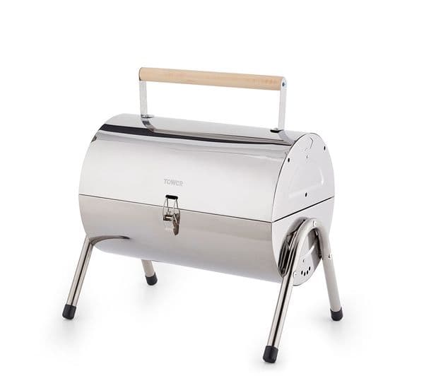 TOWER Portable Barrel Grill Charcoal BBQ - Silver