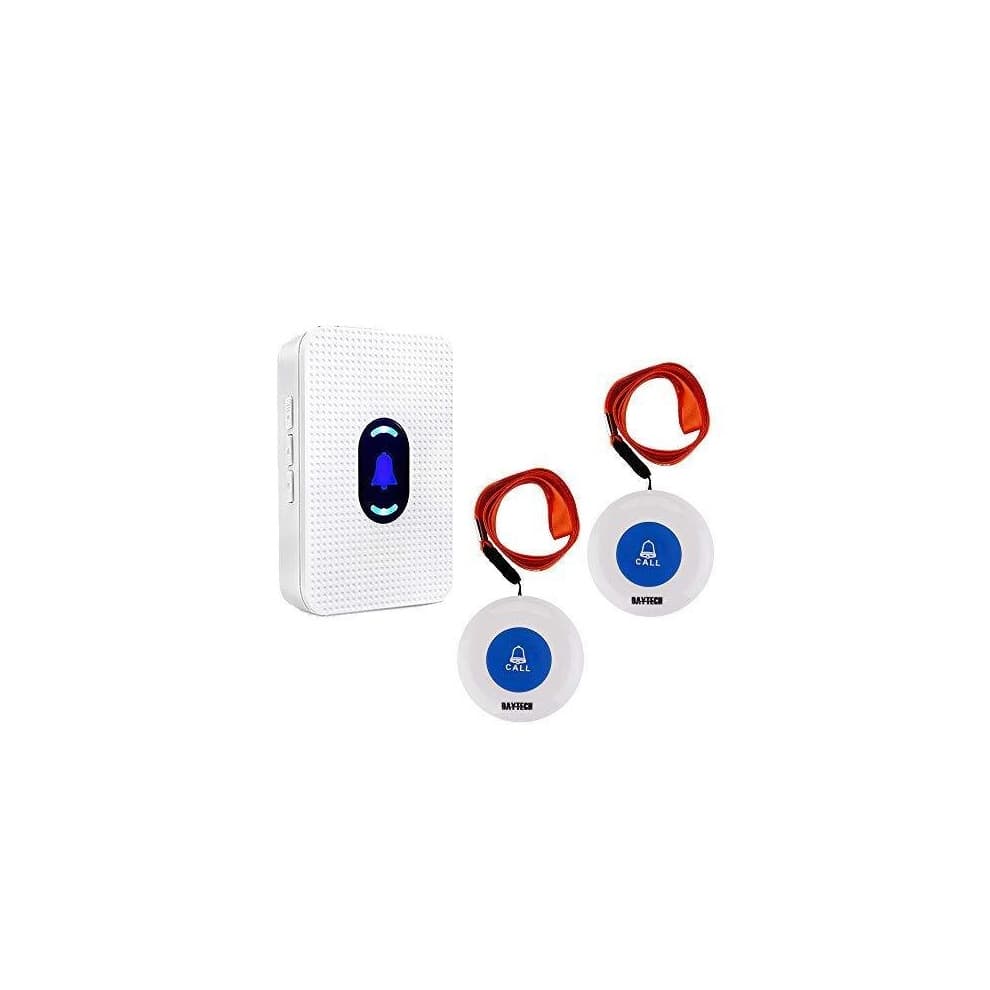 Daytech Wireless Caregiver Pager System: 1 Receiver + 2 Call Buttons, 800 ft Range, 55 Tones, 5-Level Volume, Night Light, IPX5, Plug-In Receiver
