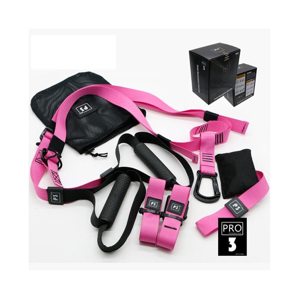 (Pink Pro 3) Home Gym Suspension Resistance Training Strap