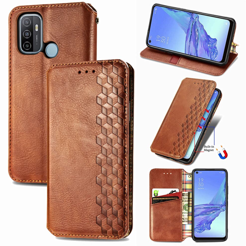 OPPO A53 2020 Case Premium PU Leather Folio Cover Magnetic Brown