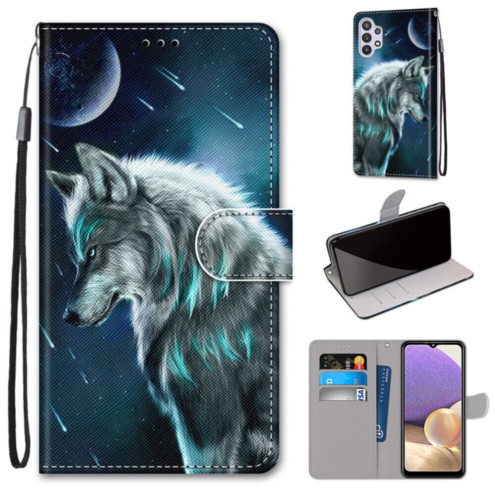 Samsung Galaxy A32 5G Case Pattern Cover Folio with kickstand Wolf