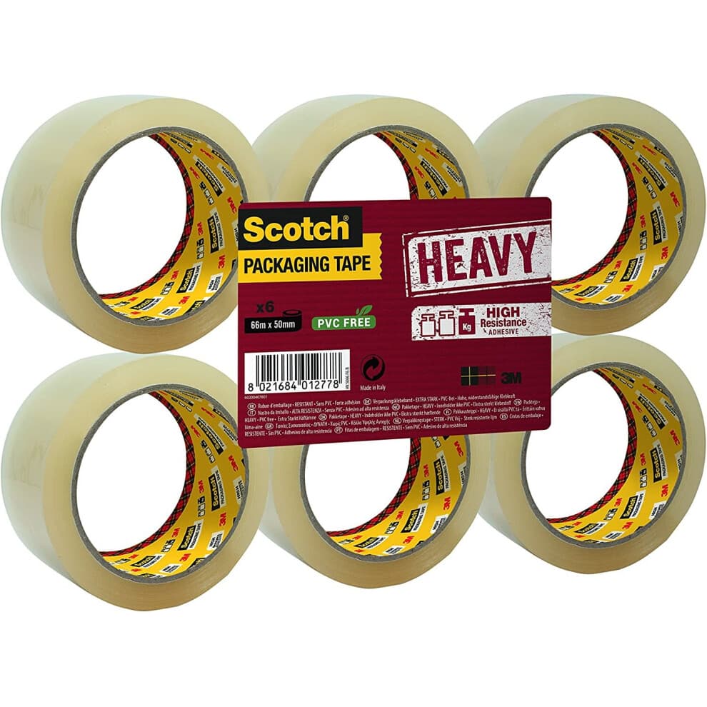 Scotch Heavy Duty Packaging Tape, 66m x 50mm, Clear, 6 Rolls, Suitable for Rough Handling and Shipping