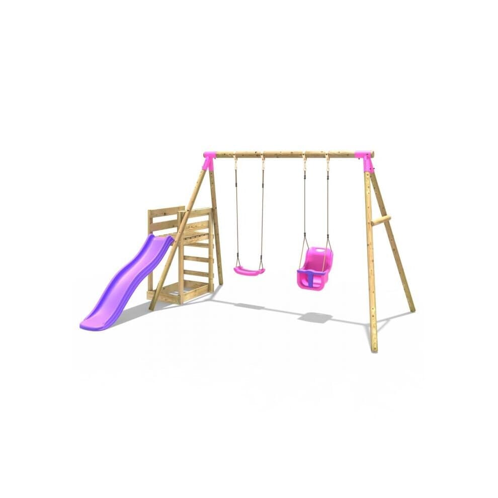 (Luna, Pink) Rebo Wooden Swing Set plus Deck & Slide