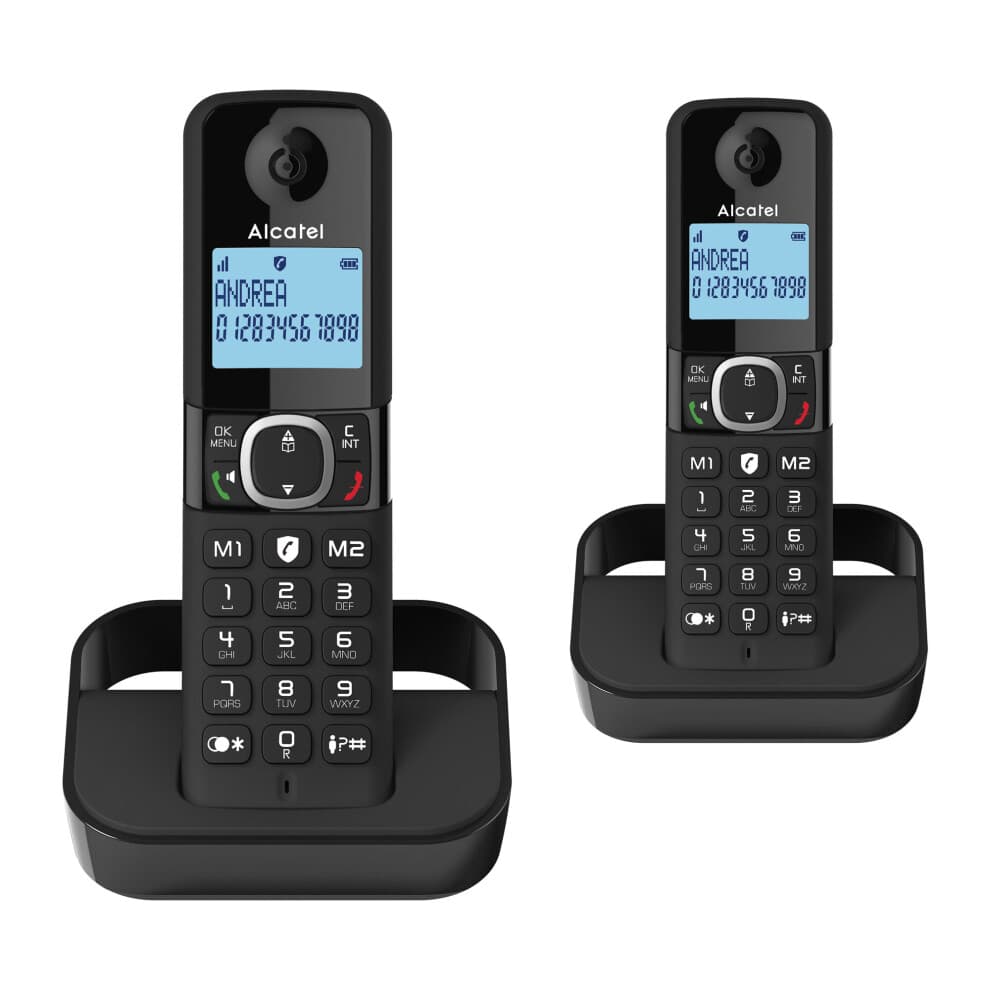 Alcatel F860 Duo Cordless Phone Twin Pack, Full-Featured DECT with Nuisance Call Block (up to 100), 100-Name Directory, Black