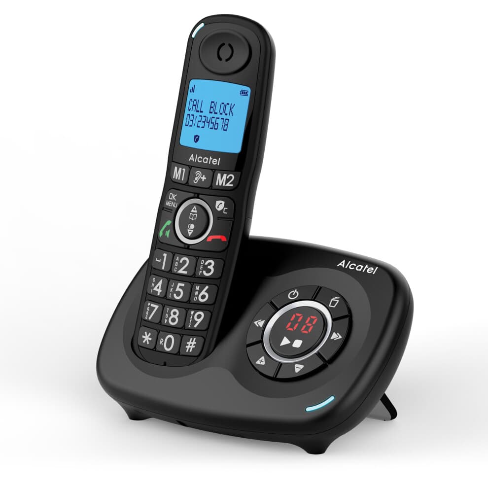 Alcatel XL595 Cordless Phone with Answering Machine ”“ Black; Expandable to 3 Handsets, Call Blocker, Large Backlit Display