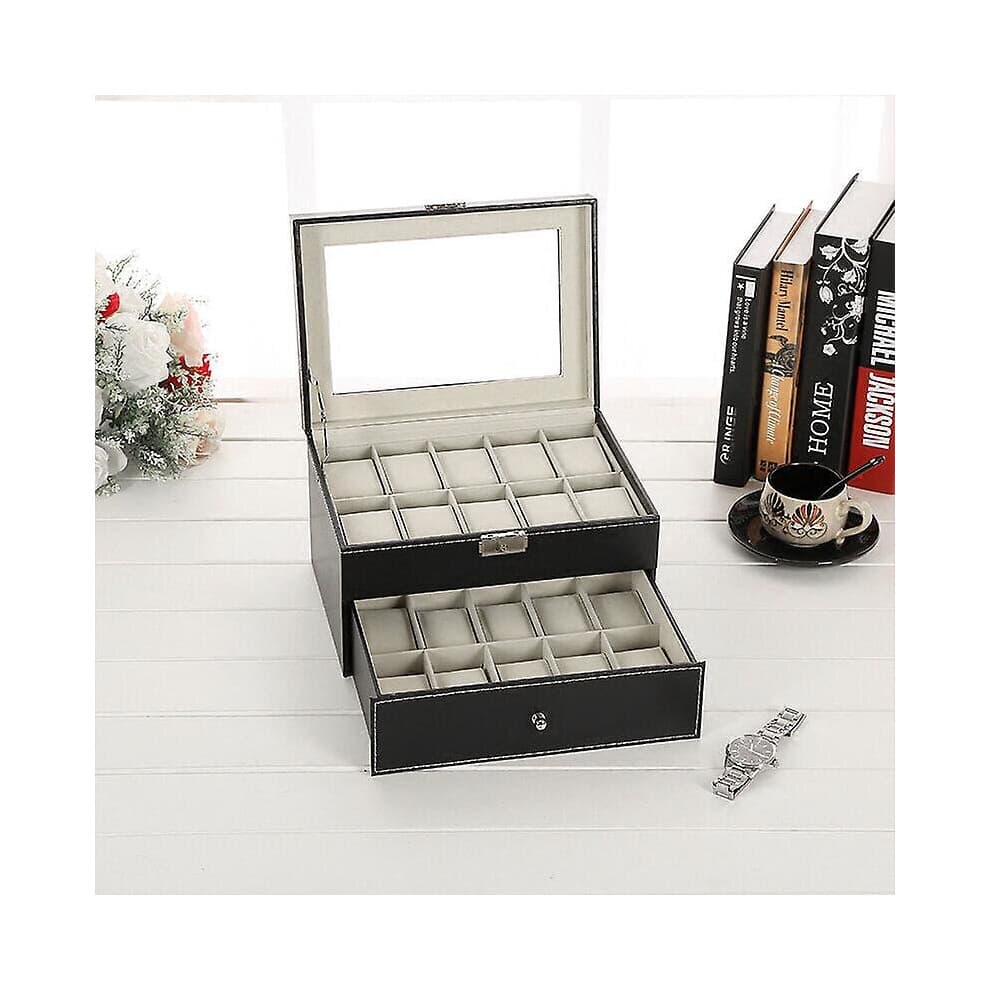 Watch Box, Watch Box, 20 Watches With Glass And Drawer, Black/beige, Dimensions: 28.5 X 20.5 X 15 Cm