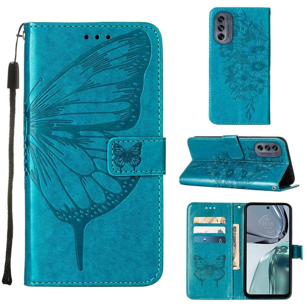 (Blue) Case For Motorola MOTO G62 5G Embossing Butterfly Magnetic Flip Cover Premium Leather