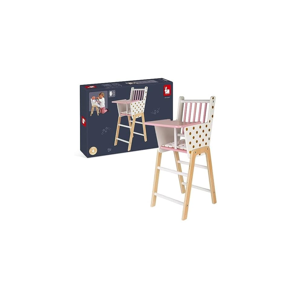 Janod Candy Chic Wooden Doll High Chair for 16.5-inch Dolls (J05888) Pink/White with Cushion
