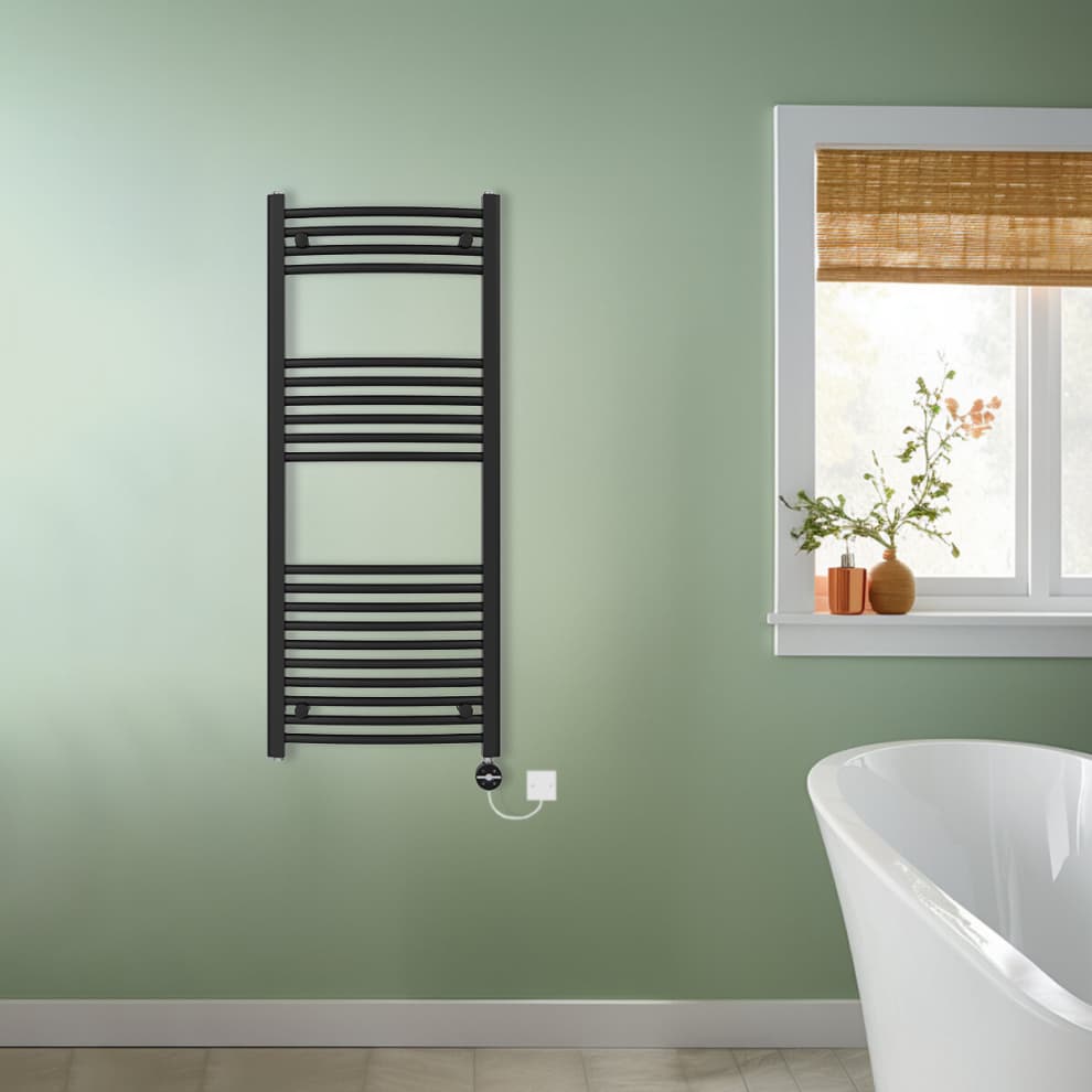 (Black, 1200x500mm) NRG Prefilled Thermostatic Electric Curved Heated Towel Rail Radiator
