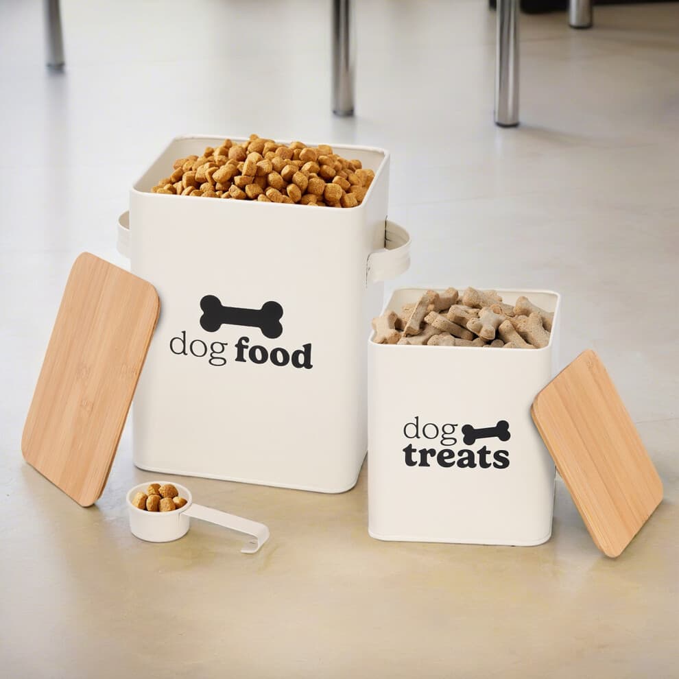 Set of 2 Dog Food Storage Tins with Airtight Bamboo Lids