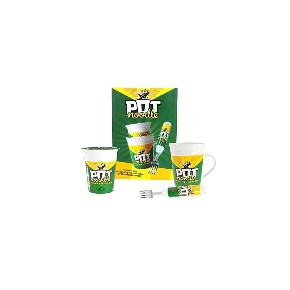 Pot Noodle Mug Gift Set with Spinning Pot Noodle Fork - Chicken and Mushroom Instant Noodles Gift Set - Funny Novelty Gifts for Men and Women