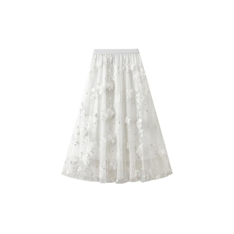 (White) Women's Embroidered Half Skirt Saree Long Skirt