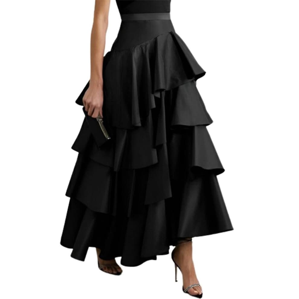 (Black, XL) Women's Urban A-line Ruffle Party Skirt High Waist Pleated Solid Color Long Skirts